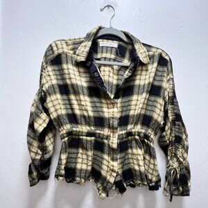 We The Free  Pacific Dawn Plaid GREEN Peplum Drawstring Snap Front SMALL Boho
